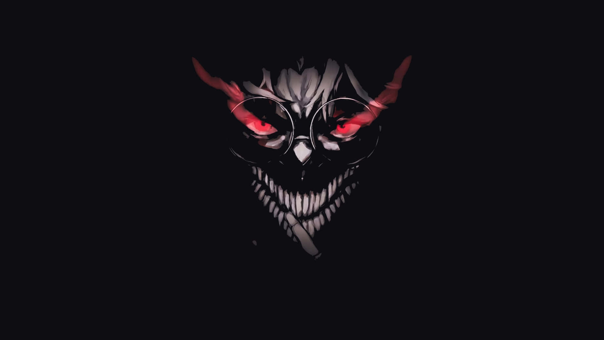  壁紙 — 一個帶有發光紅眼和尖牙的威脅性動漫風格惡魔面孔，背景為黑色。