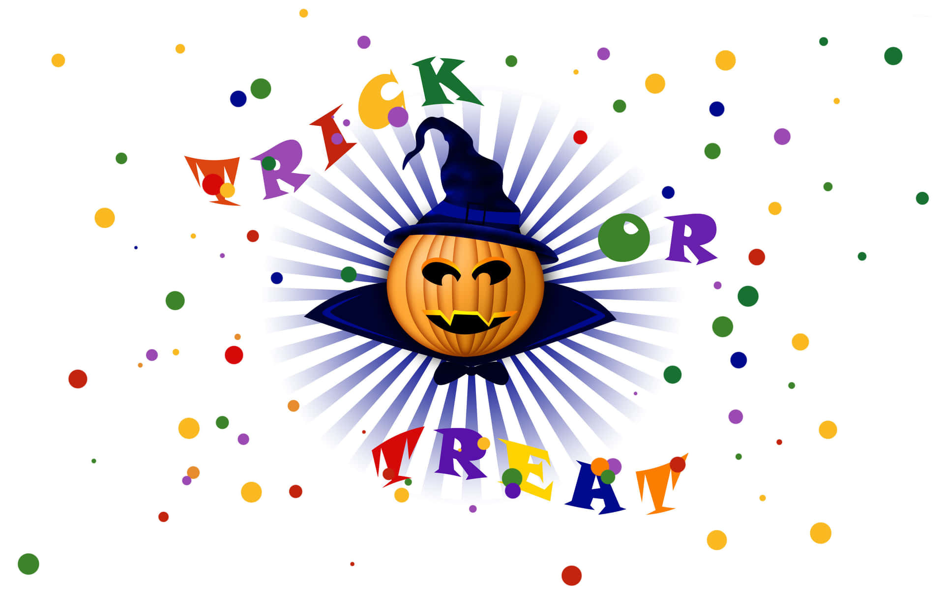 戴著巫婆帽的快樂萬聖節南瓜，帶有trick or treat文字和糖果點。