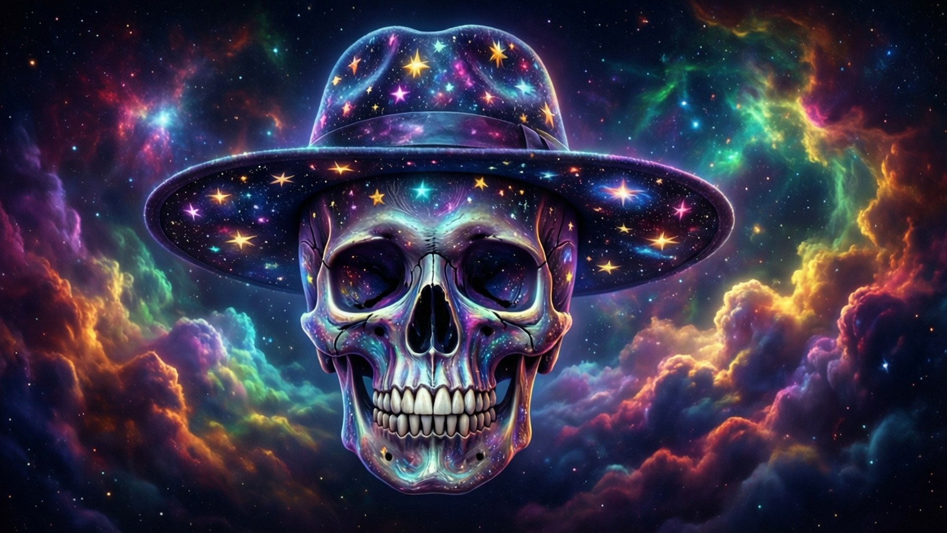 一個戴著星形帽子的骷髏，背景是色彩繽紛的宇宙天空。
