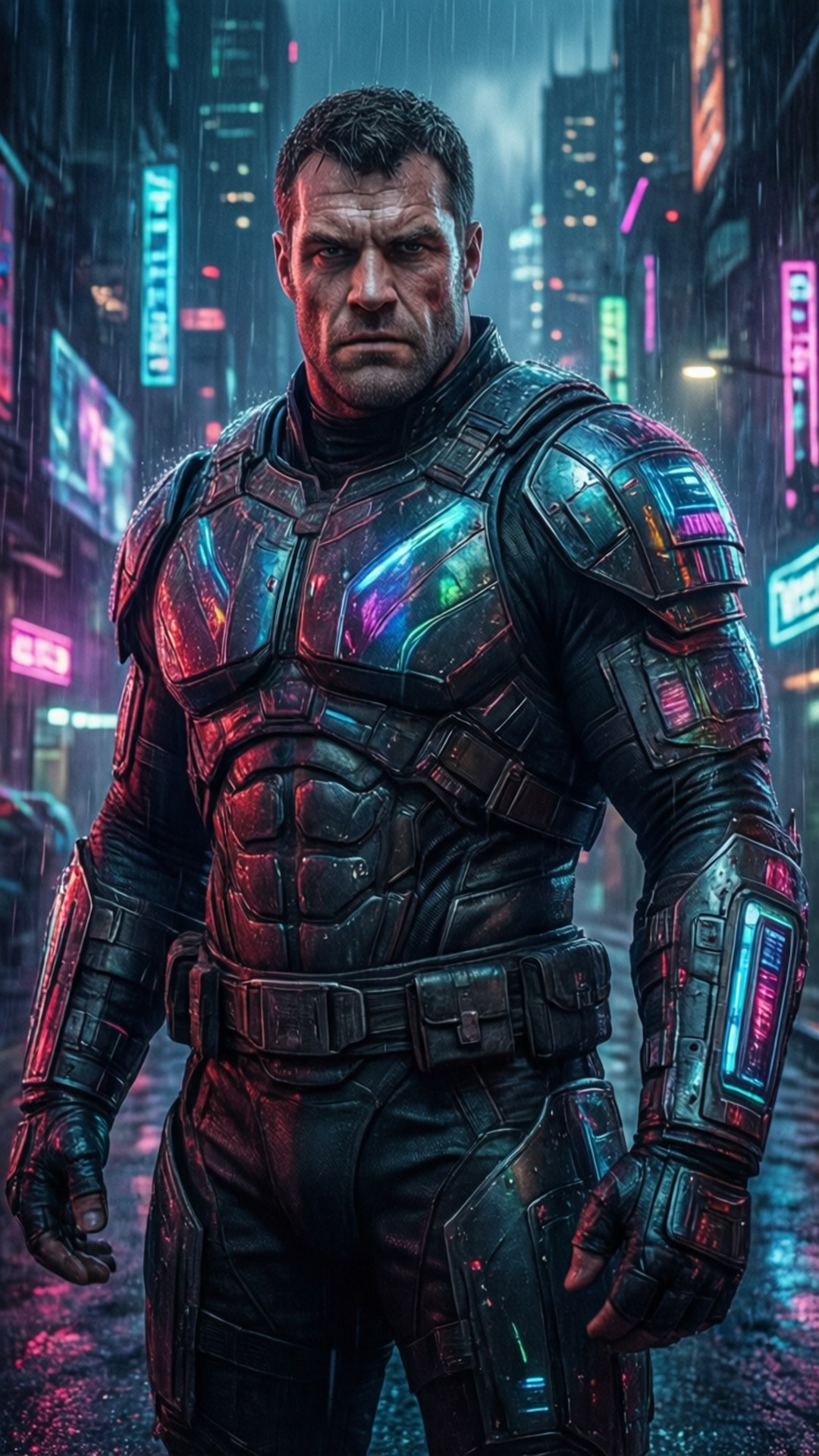 Cyberpunk Brutus 壁紙 — 一個身穿發光盔甲的賽博龐克戰士在雨濕的霓虹燈夜景城市中挑釁地站立。