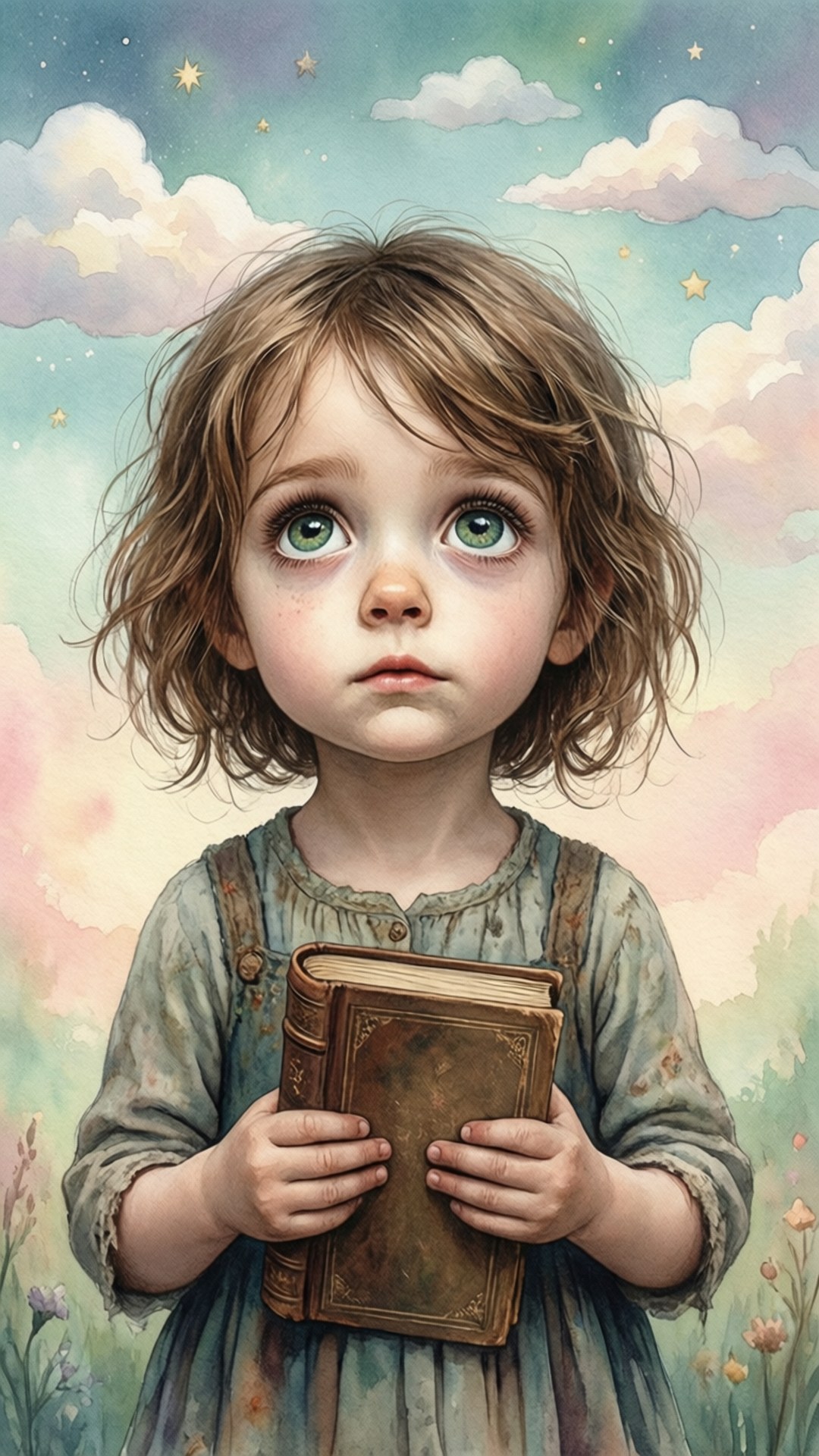 一個小女孩在星空和雲朵下拿著一本書。