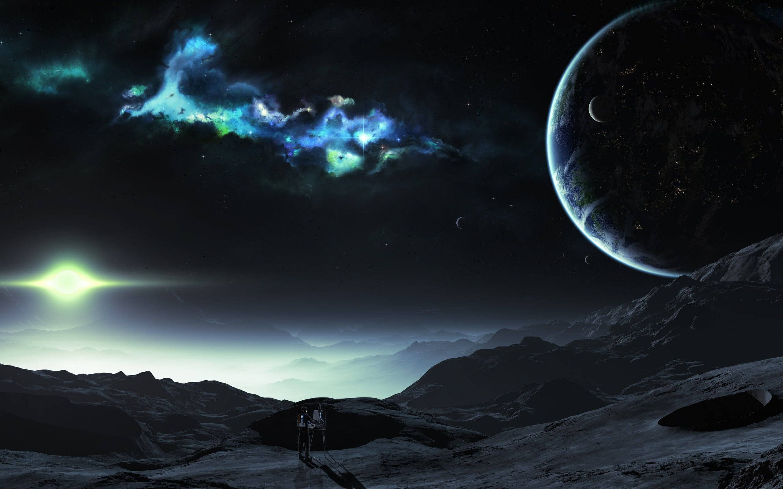 一個人站在發光的恆星和遙遠行星下的荒蕪外星景觀中。