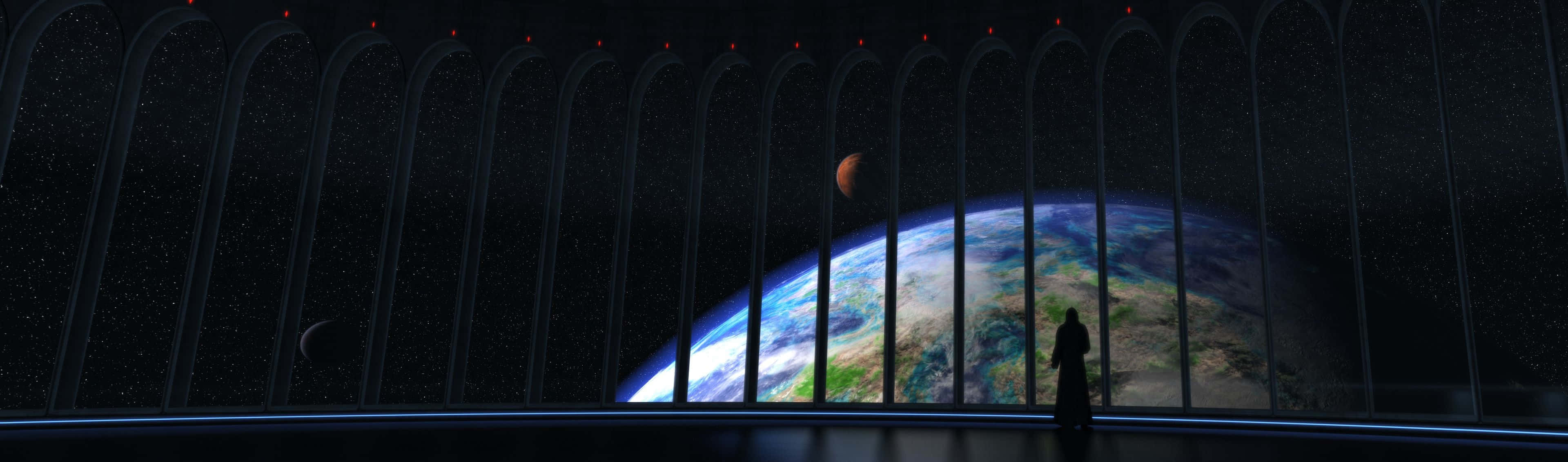一個人透過星光燦爛的太空窗戶凝視地球和月球的剪影。