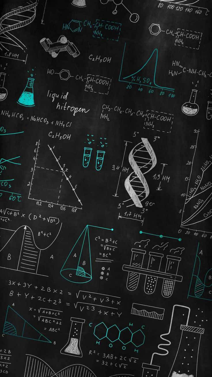  壁紙 — 一個黑板，上面充滿了發光的青綠色科學公式、圖表和分子結構，背景為深色。