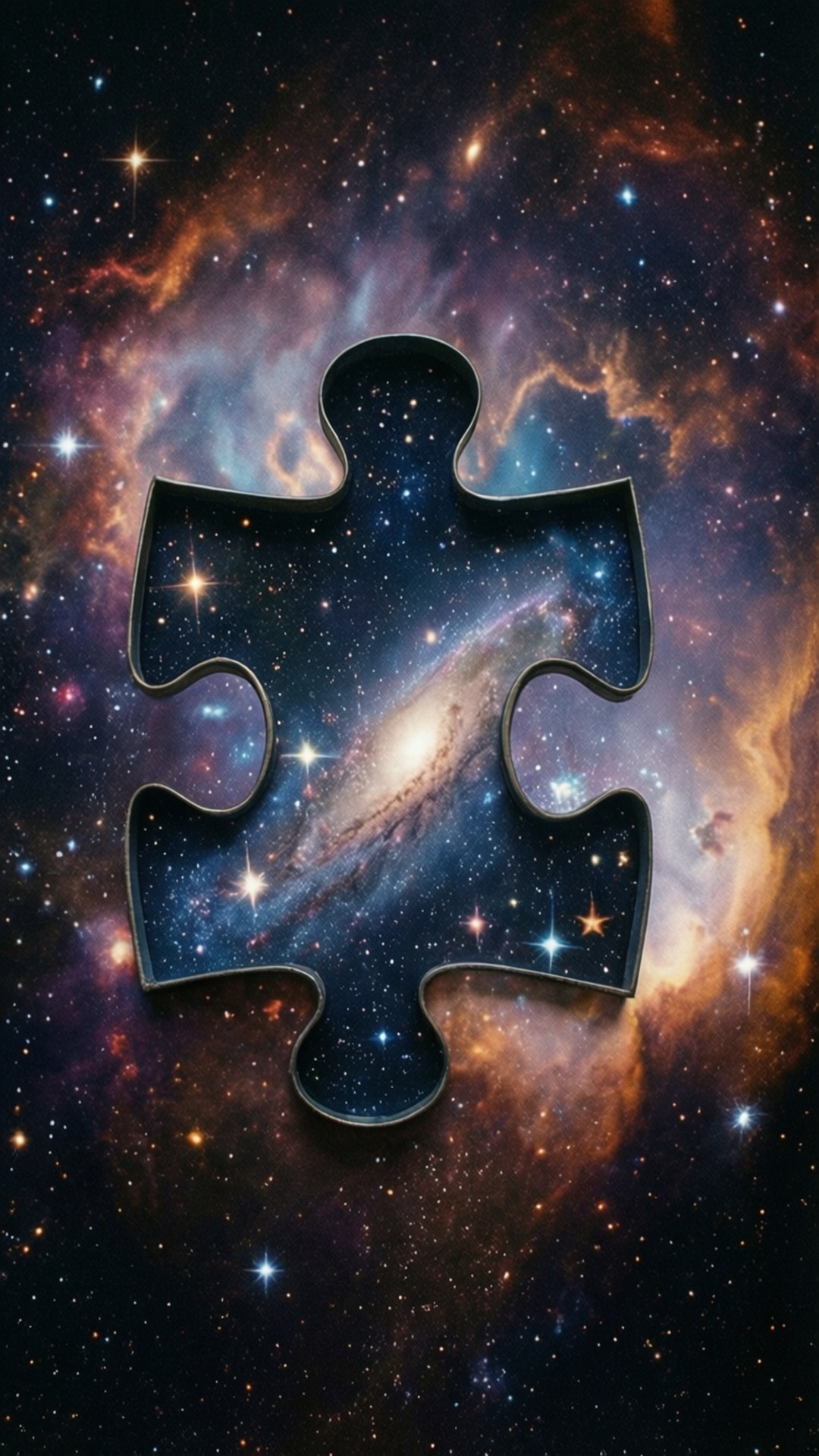 黑色拼圖塊在彩色星雲中顯露出一個螺旋星系。