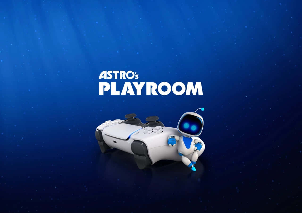  壁紙 — 一個可愛的藍白機械人擁抱PlayStation手掣，背景係佈滿星星嘅深藍色，並有遊戲標題文字。