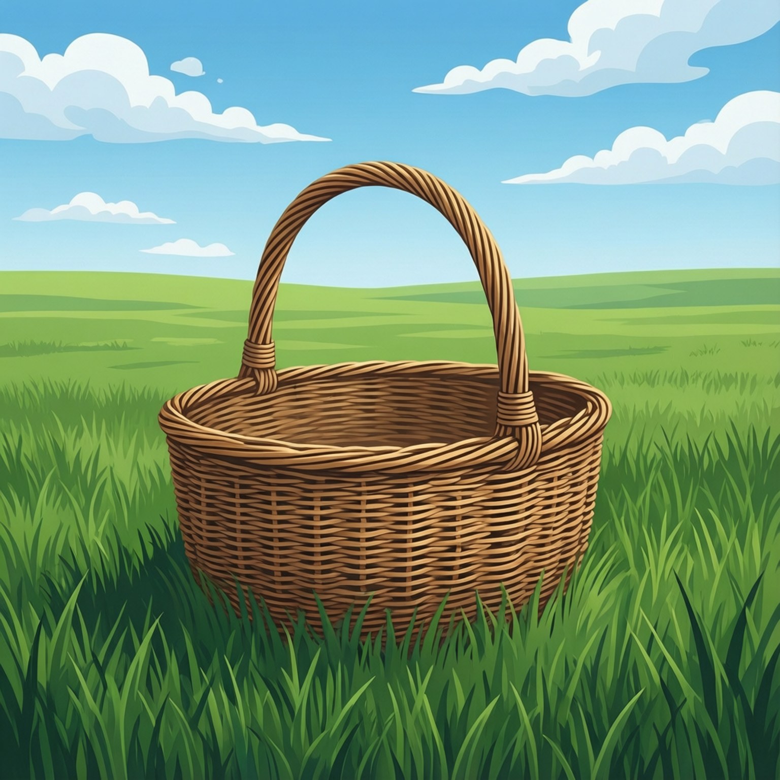 basket 桌布 壁紙 — 一個編織柳條野餐籃獨自放在充滿活力的綠色田野中，上方是晴朗的藍天和蓬鬆的白雲。