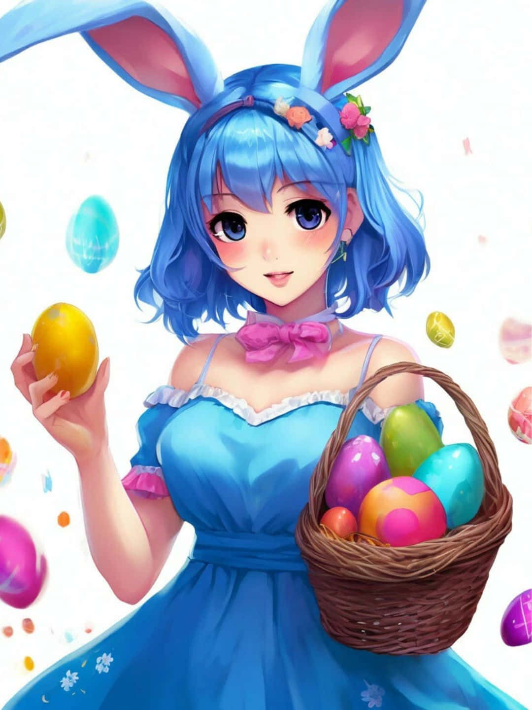  壁紙 — 一個開心的動漫女孩，藍色頭髮和兔耳朵，拿著一個黃色雞蛋和一個裝滿彩色復活節蛋的籃子。