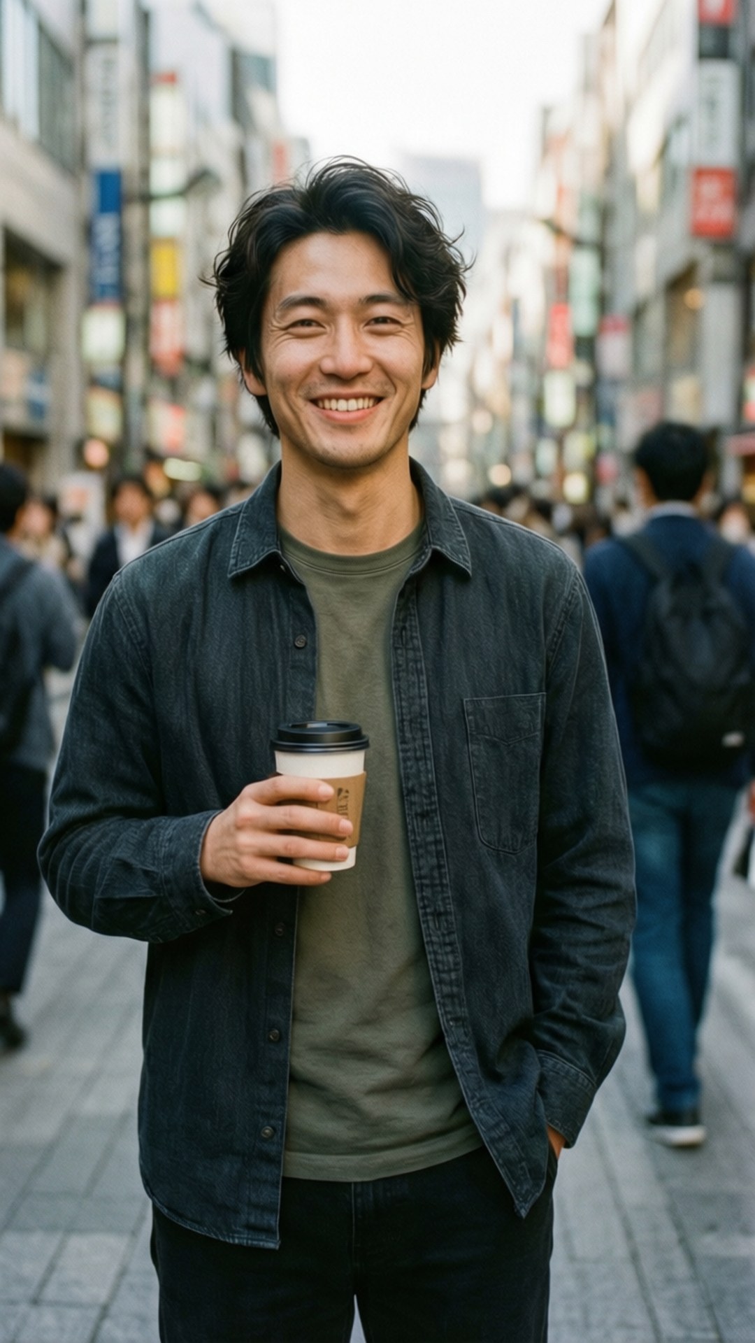 City Casual 壁紙 — 一個開心的男人在繁忙的城市人行道上微笑著拿著咖啡杯。