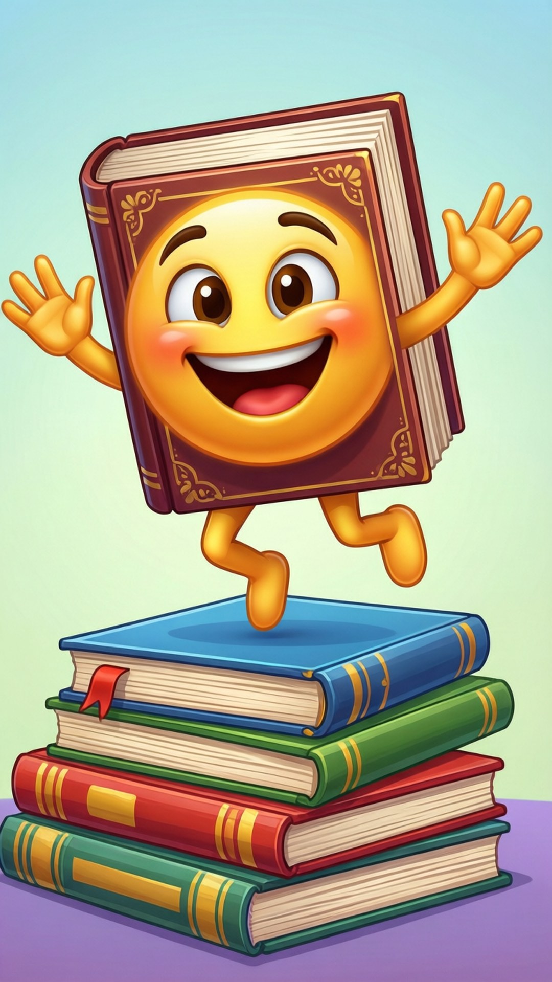 桌布 壁紙 — 一個開心微笑的書本表情符號從一堆色彩繽紛的書本上跳躍出來，背景是柔和的漸變色。
