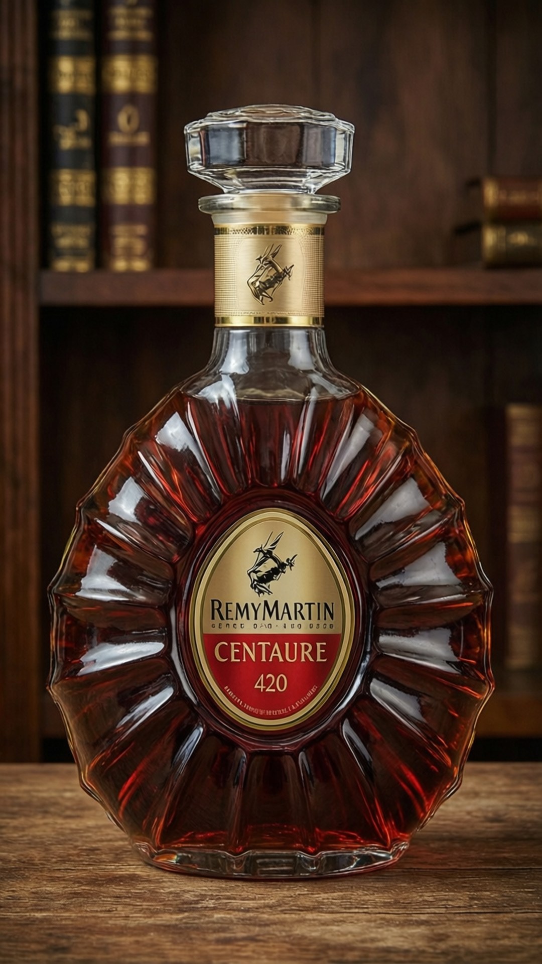 桌布 壁紙 — 一個切割面的 Remy Martin Centaure 420 干邑酒瓶在深色書架背景下，在木桌上閃耀著琥珀色液體。