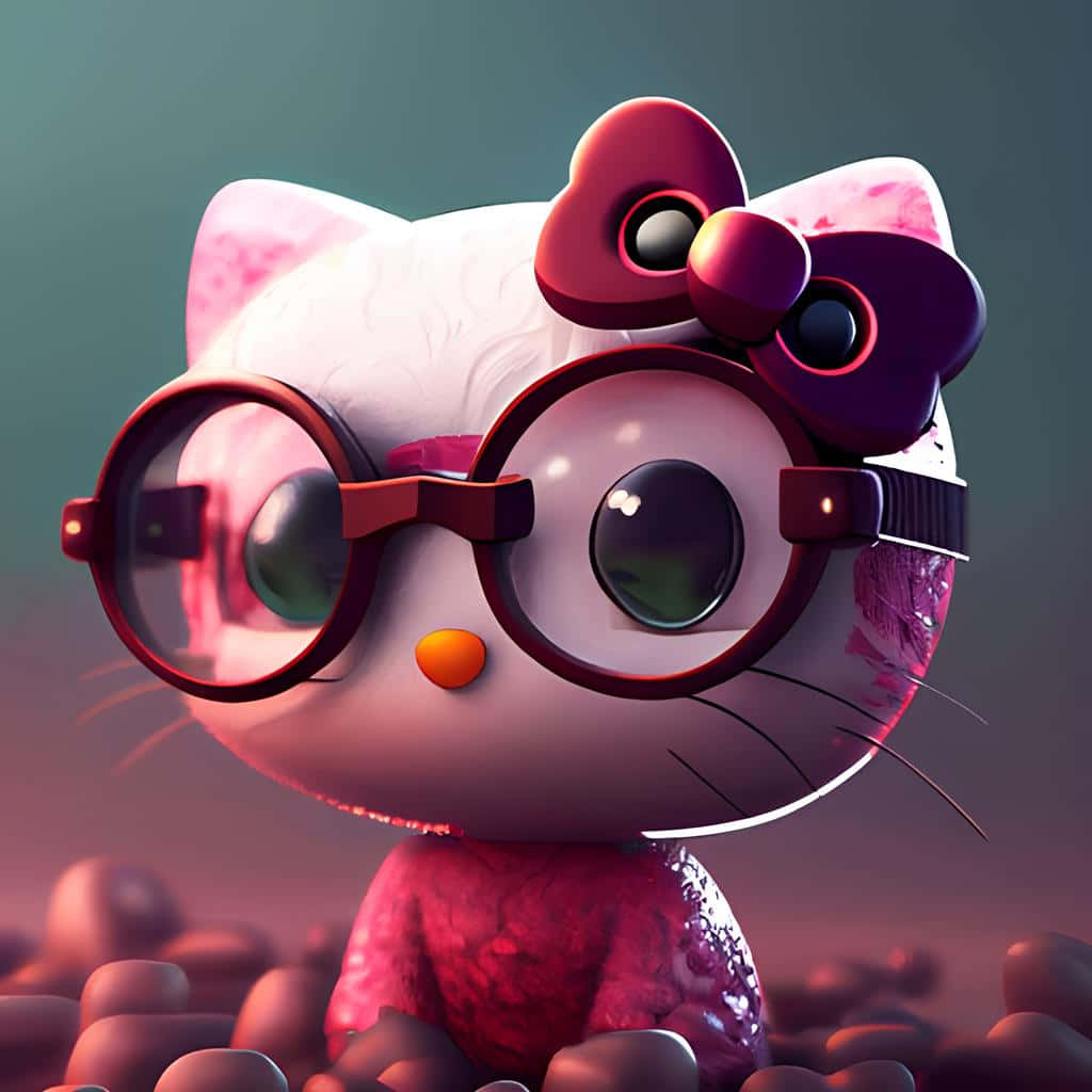 壁紙 — 一個可愛的3D渲染Hello Kitty，戴著圓框眼鏡和紫色蝴蝶結，坐在柔和燈光下的粉紅色岩石中。