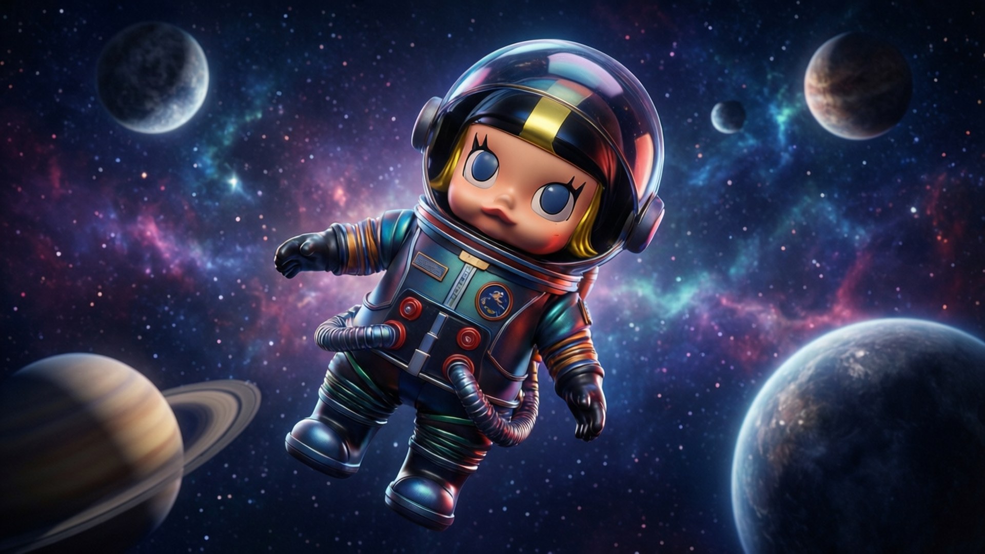 一個卡通太空人在太空中的色彩繽紛星雲和行星之間漂浮。