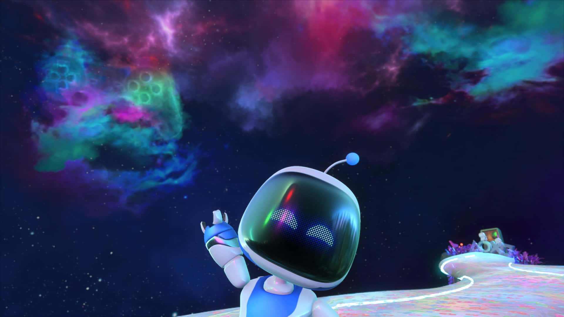  壁紙 — 一個可愛的藍色機械人驚奇地凝視著一個充滿活力的宇宙星雲，在發光的外星景觀上方散發著紫色、綠色和藍綠色的色調。