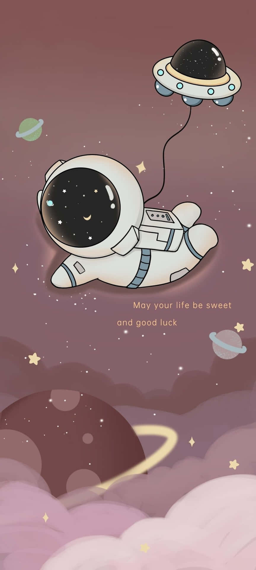  壁紙 — 一個可愛的太空人在夢幻的紫色天空中漂浮，有星星、行星和一個拖著電線的UFO。