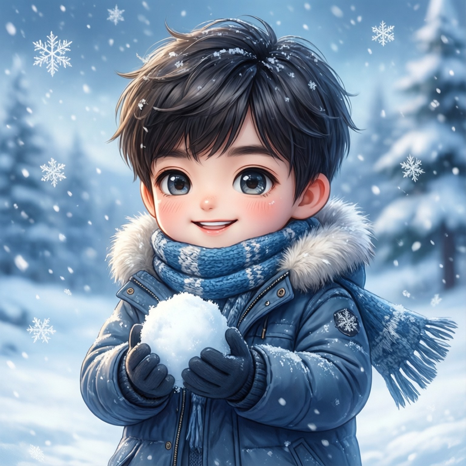 一個微笑的男孩穿著冬季裝備，在雪森林中拿著雪球。