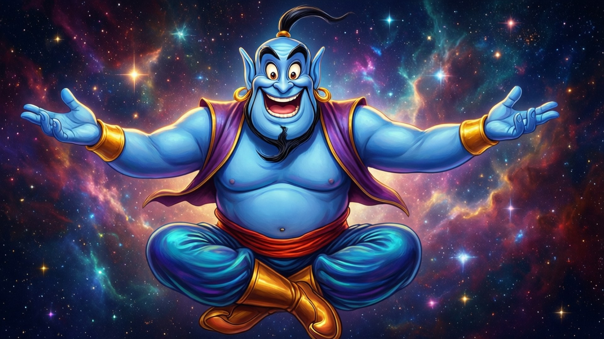 Genie 桌布 壁紙 — 一個快樂的藍色精靈穿著紫色長袍，在充滿星星的鮮豔宇宙星雲中張開雙臂漂浮。