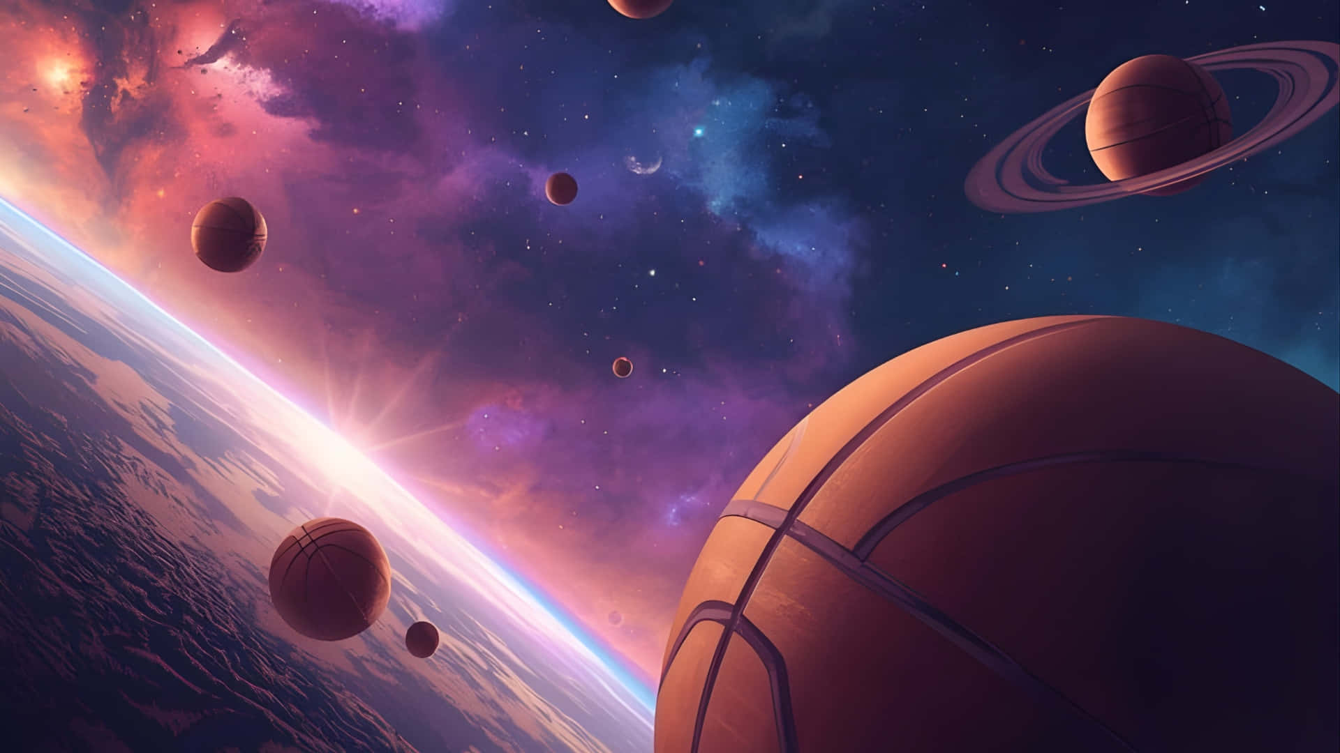  壁紙 — 一個籃球漂浮在充滿活力的宇宙空間中，有行星和發光的地平線。