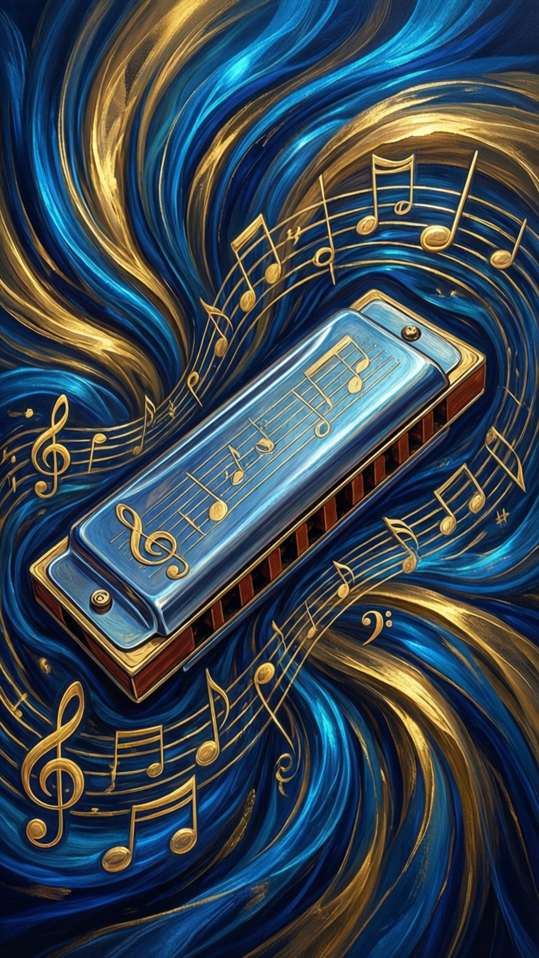 Music Abstract 壁紙 — 一個藍色口琴漂浮在旋轉的金色和藍色音符之間，構成充滿活力的抽象構圖。