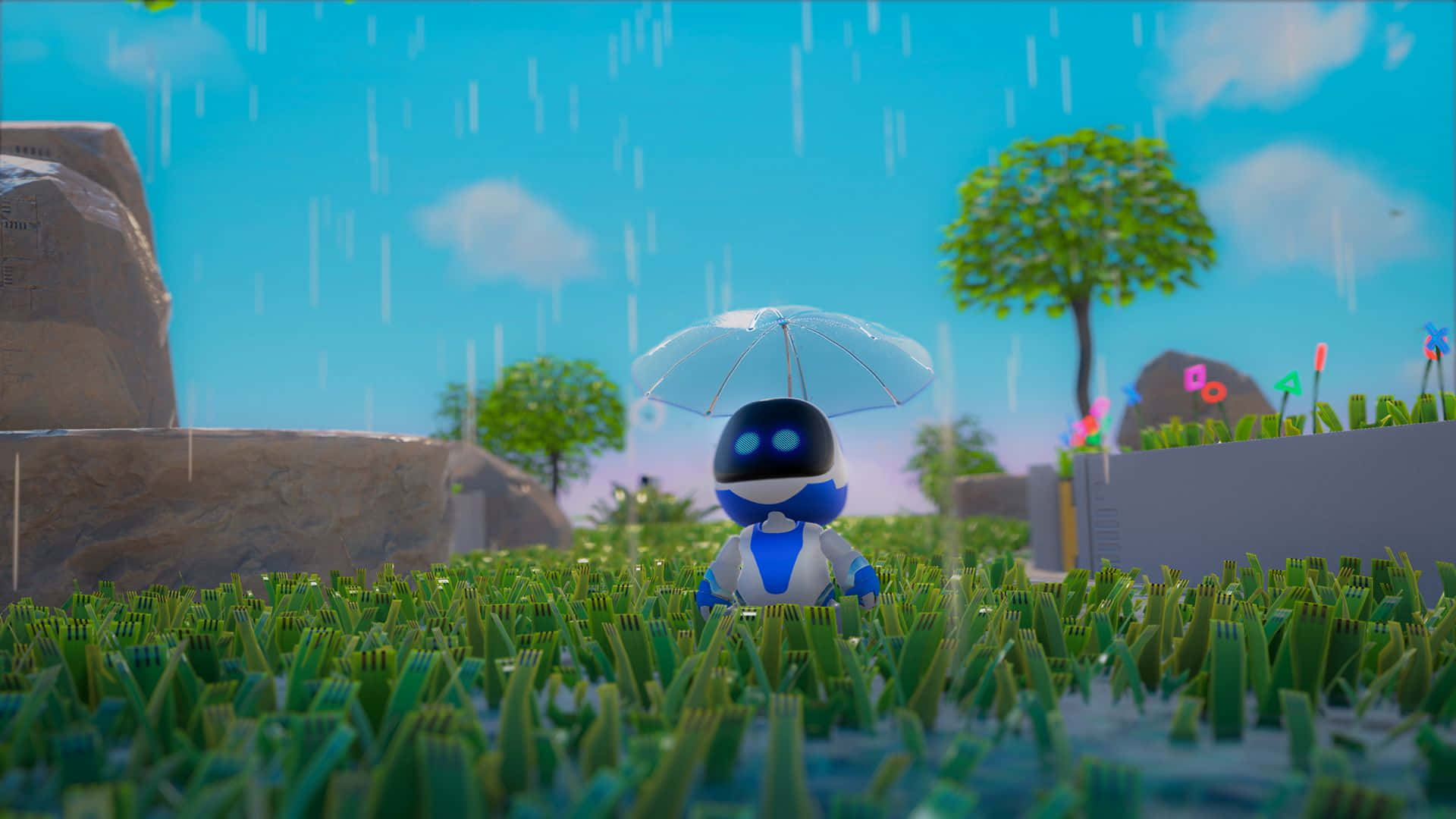  壁紙 — 一個藍色小機械人在下雨的草地上撐著透明雨傘，背景是晴朗藍天和 fluffy 雲朵。