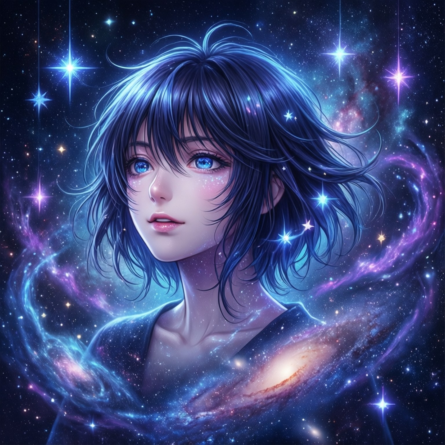 藍眼睛和頭髮的動漫女孩，置身於充滿活力的宇宙星雲和星星之中。
