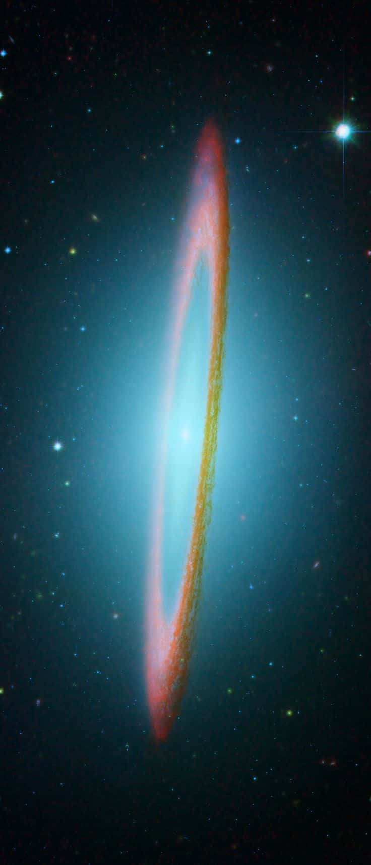  壁紙 — 一個令人驚嘆的側向螺旋星系在星場中散發著紅色和藍色的光芒，附近有一顆明亮的恆星。
