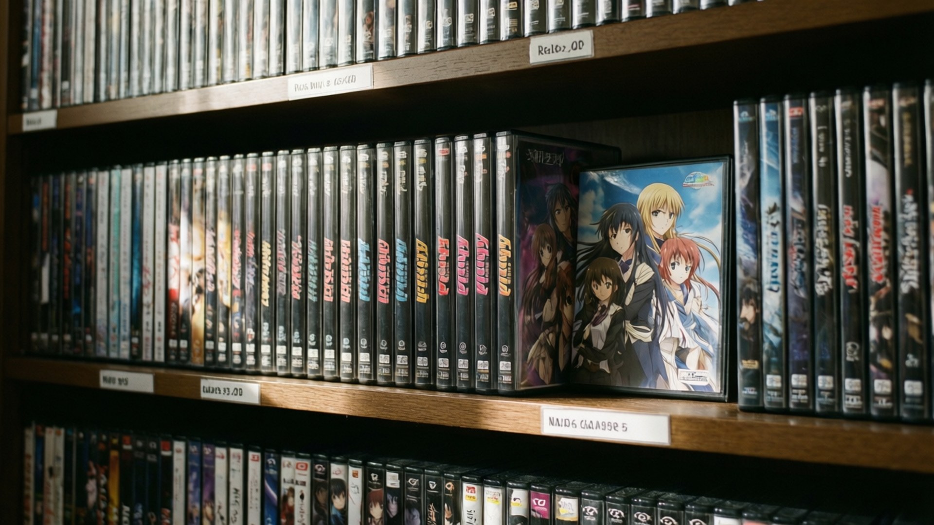 在商店的木製層架上展示的動畫DVD收藏。
