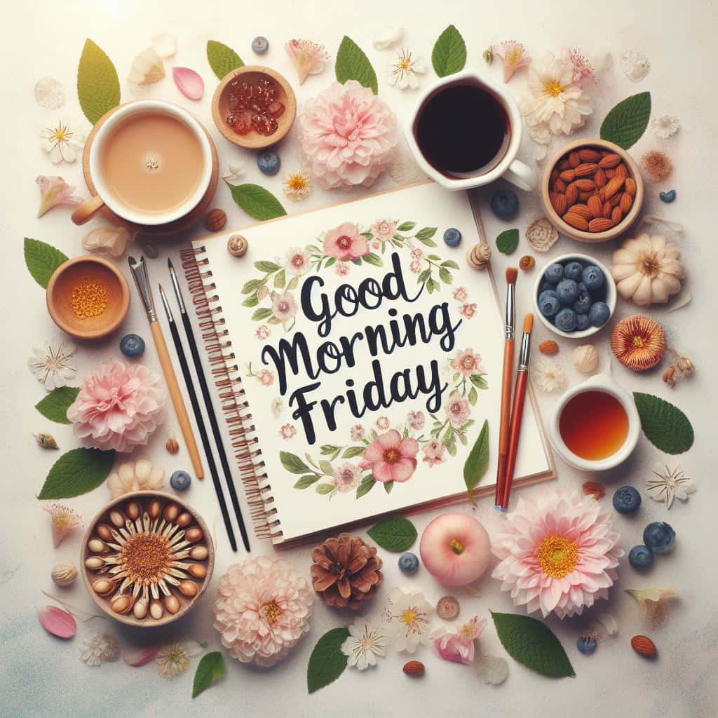  壁紙 — 一個平鋪構圖的筆記本，上面寫著「Good Morning Friday」，周圍環繞著花朵、堅果、飲品和美術用品，置於柔軟的背景上。