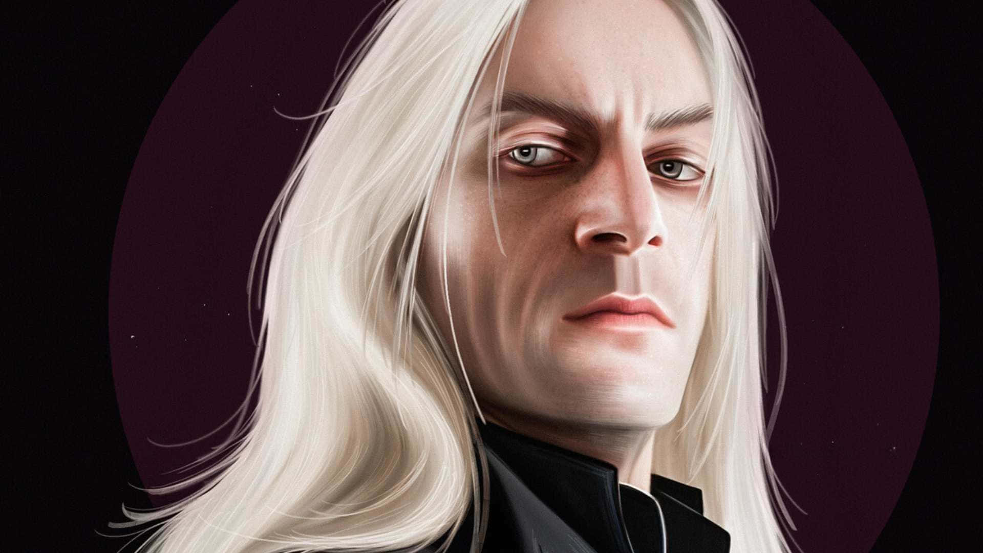  壁紙 — 一個數碼渲染的肖像，描繪一位長白髮、擁有強烈綠色眼睛的男子，背景為深紫色圓形。