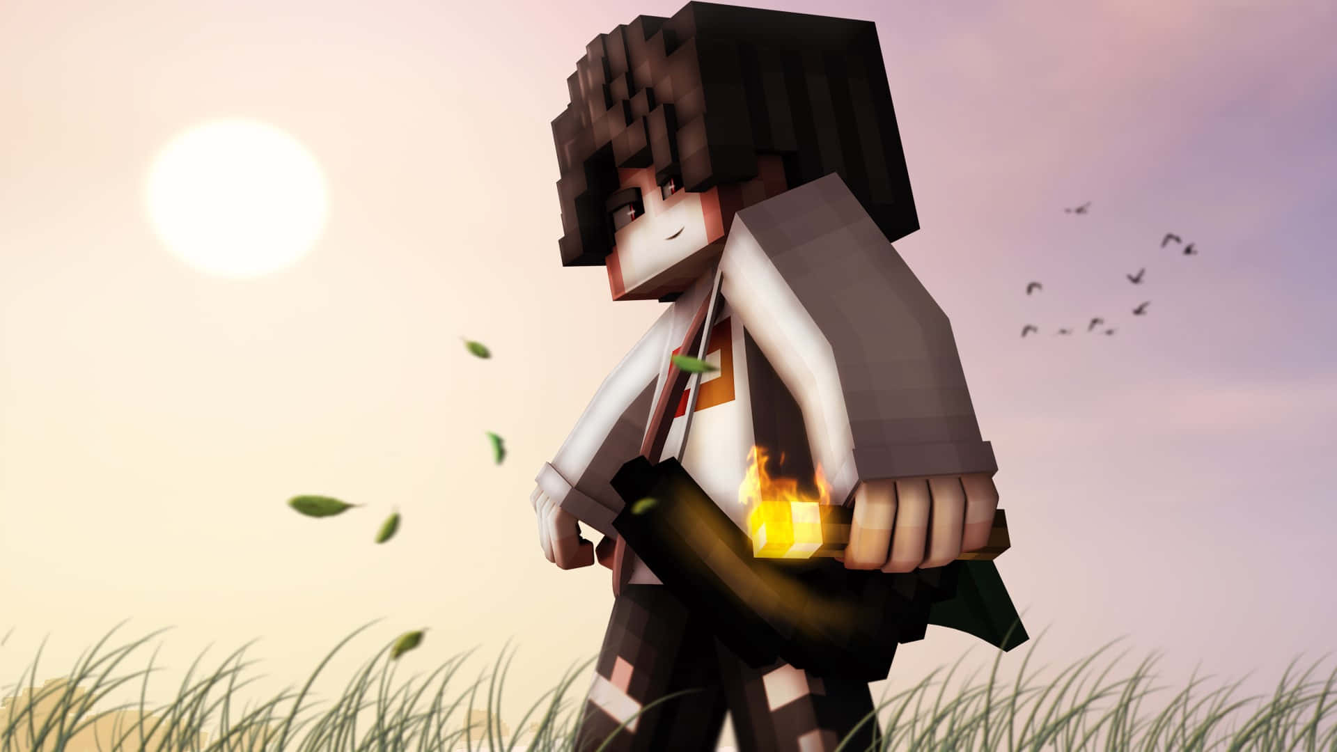  壁紙 — 一個像素化的Minecraft角色在陽光明媚、鳥兒飛翔的草地上拿著發光的燈籠。