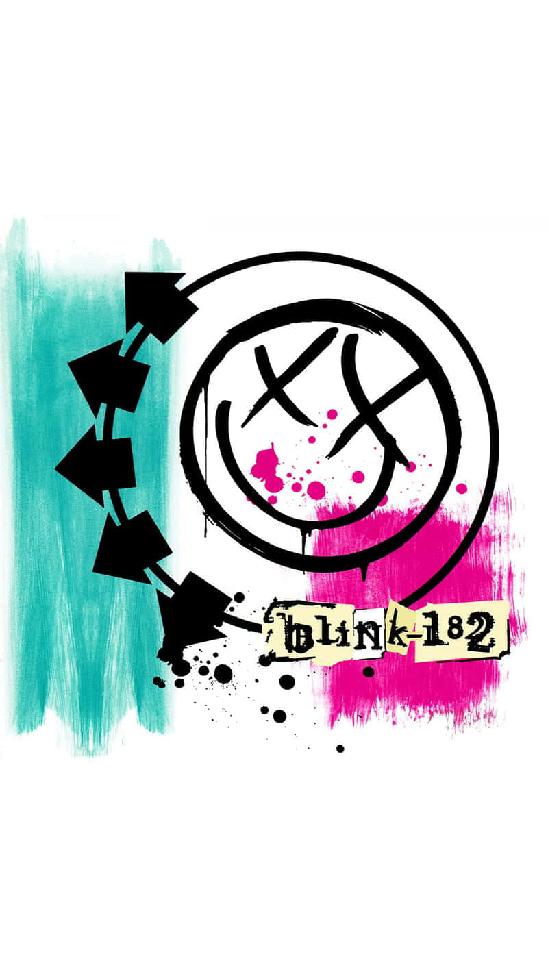  壁紙 — 一個塗鴉風格的 Blink-182 標誌，帶有被劃掉的微笑臉、黑色箭頭，以及白色背景上的青綠色和粉紅色油漆飛濺。