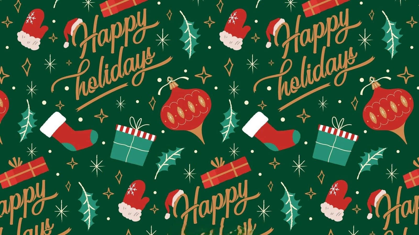  壁紙 — 一個節日綠色牆紙圖案，帶有紅色聖誕襪、金色「Happy Holidays」文字和節日裝飾，在表面重複出現。
