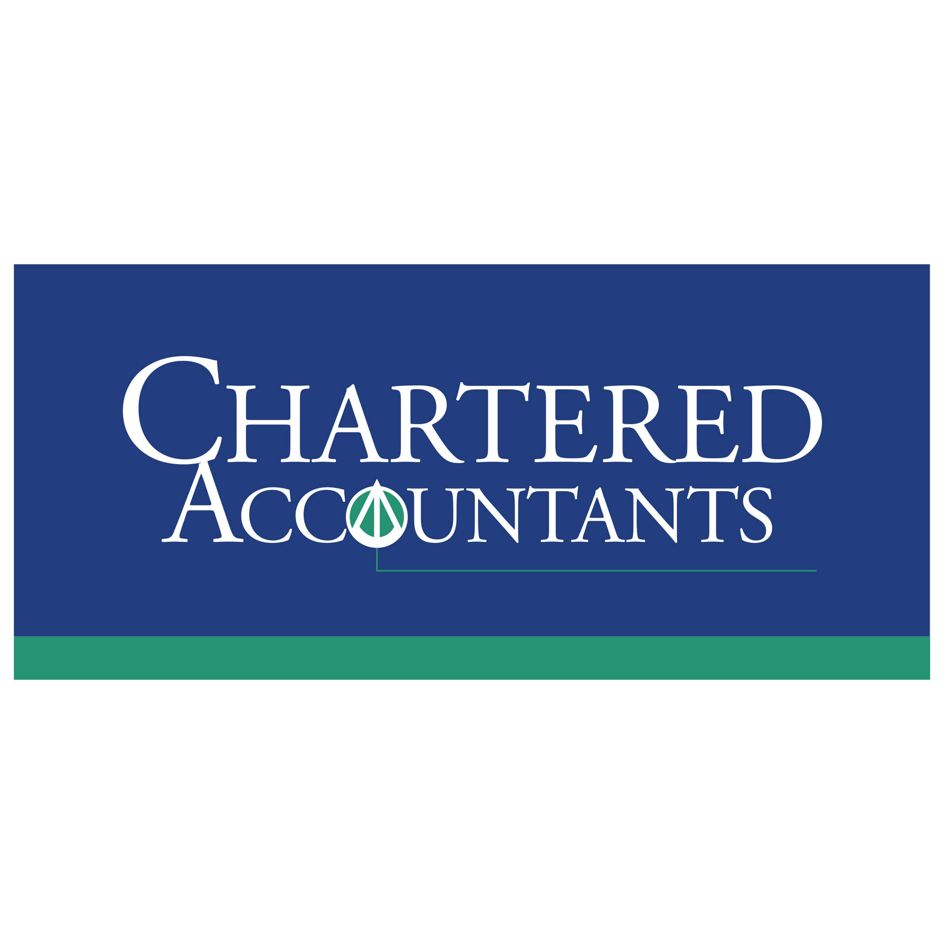 Chartered Accountants 標誌，藍色背景上帶有白色文字和綠色條紋。