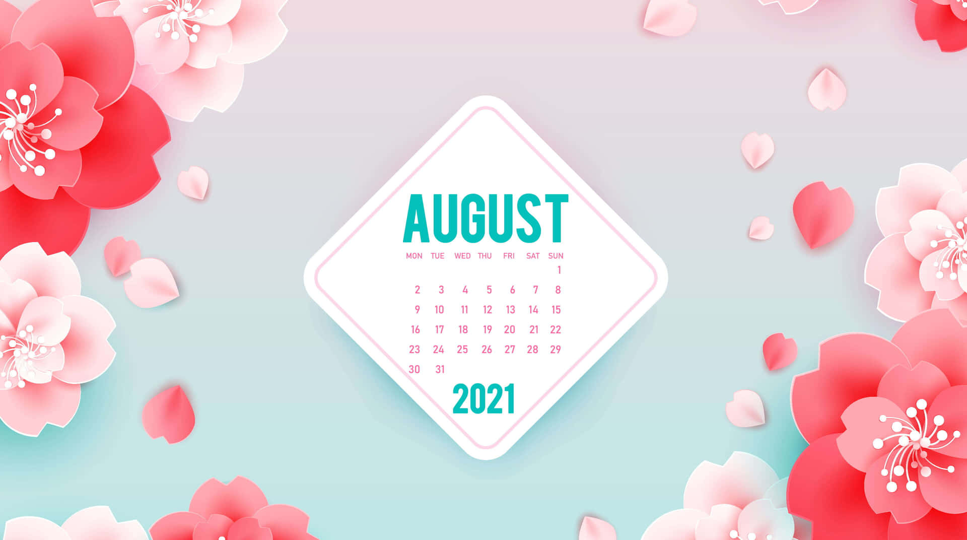 以剪紙櫻花和花瓣裝飾的2021年8月月曆。
