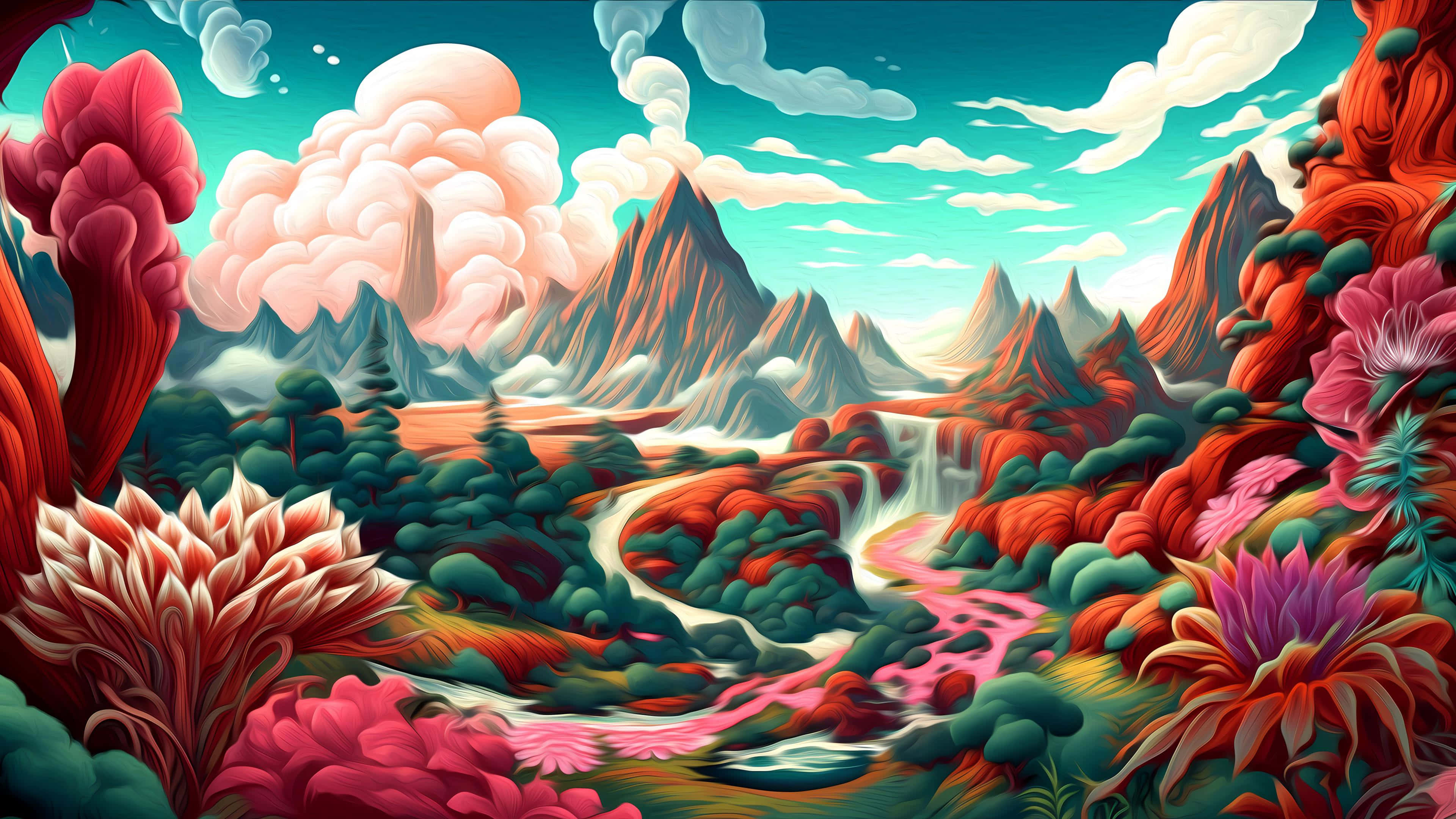 Abstract Landscape 桌布 壁紙 — 一個超現實的奇幻景觀，充滿鮮豔的粉紅色和紅色植物、蜿蜒的河流和鋸齒狀的山脈，在青綠色的天空下飄著蓬鬆的雲朵。
