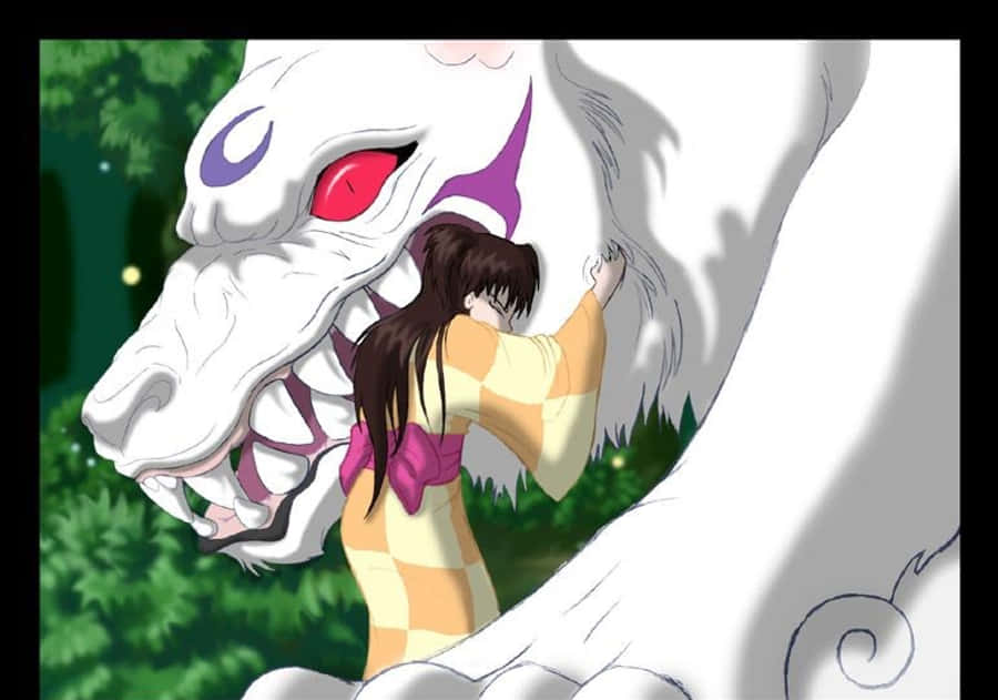 Inuyasha Yokai 桌布 壁紙 — 一個穿著黃白相間和服的年輕女孩在茂密的綠色森林中擁抱一隻紅眼巨型白狼。