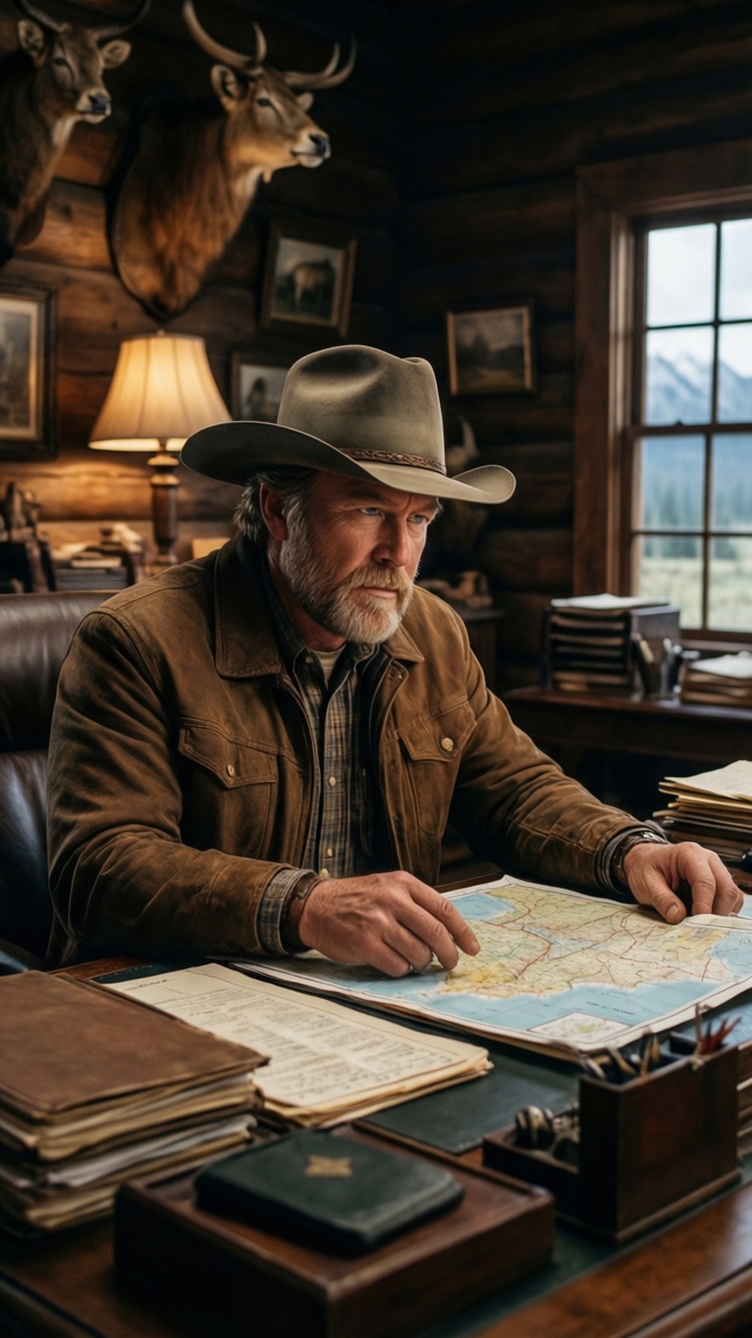 Yellowstone Tv Show 桌布 壁紙 — 一個粗獷的鬍鬚男戴著牛仔帽，在一個有掛著鹿頭和山景的質樸木屋裡研究地圖。