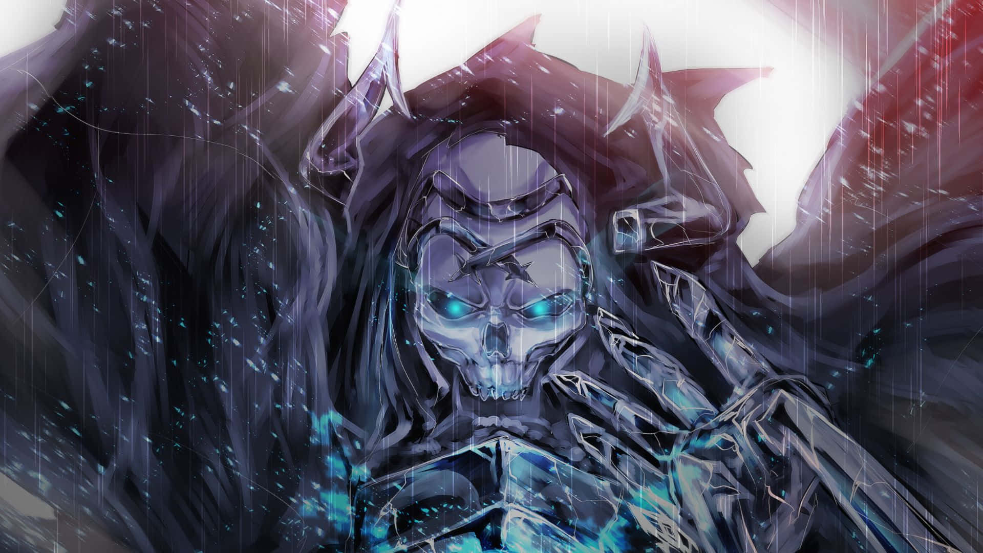 King Hassan 桌布 壁紙 — 一個帶有發光藍眼睛和黑色翅膀的可怕骷髏身影從暴風雨、濕透的虛空中出現。
