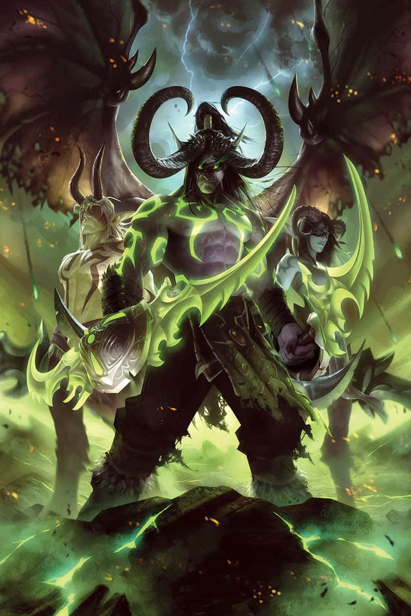  壁紙 — 一個惡魔般的人物，身穿發光的綠色盔甲，頭頂巨大的角，與兩個盟友在暴風雨的天空下威風凜凜地站立。