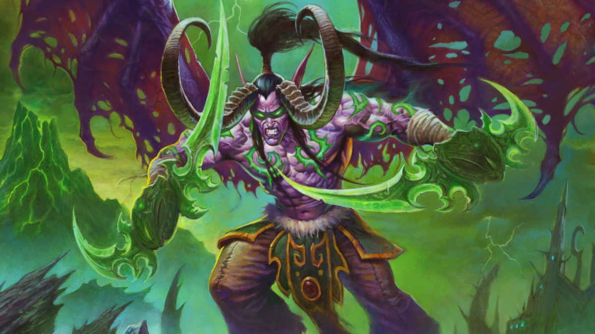  壁紙 — 一個惡魔般的獸人 warlord，手持發光的綠色刀刃和彎曲的角，在黑暗的奇幻景觀中威嚇地站立。