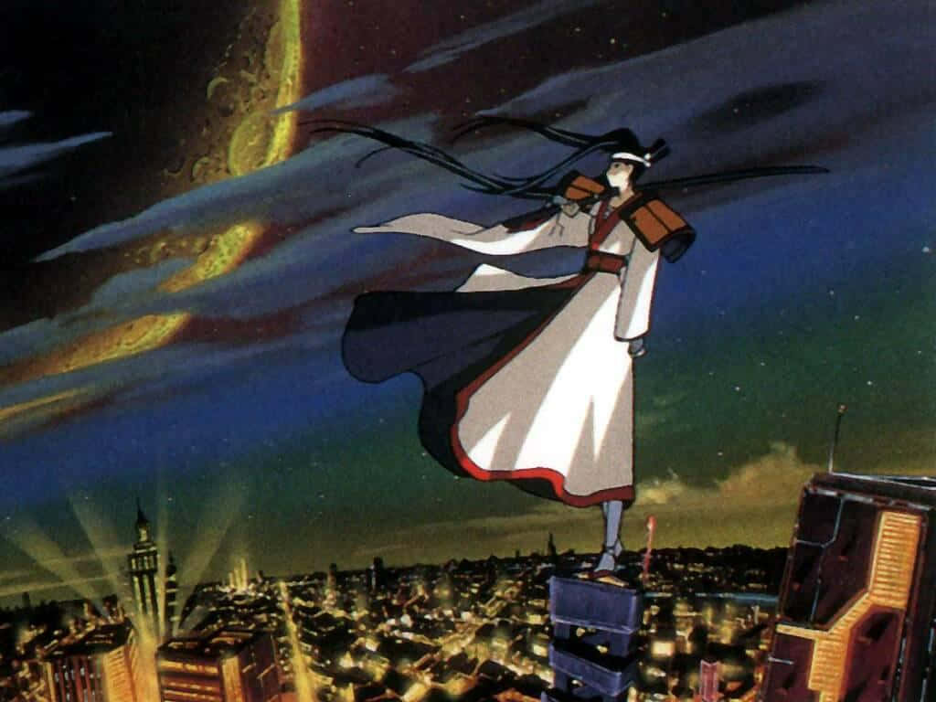  壁紙 — 一個孤獨的武士在夜晚站在摩天大樓頂上，俯瞰著發光的城市，天空中懸著一個巨大的天體。