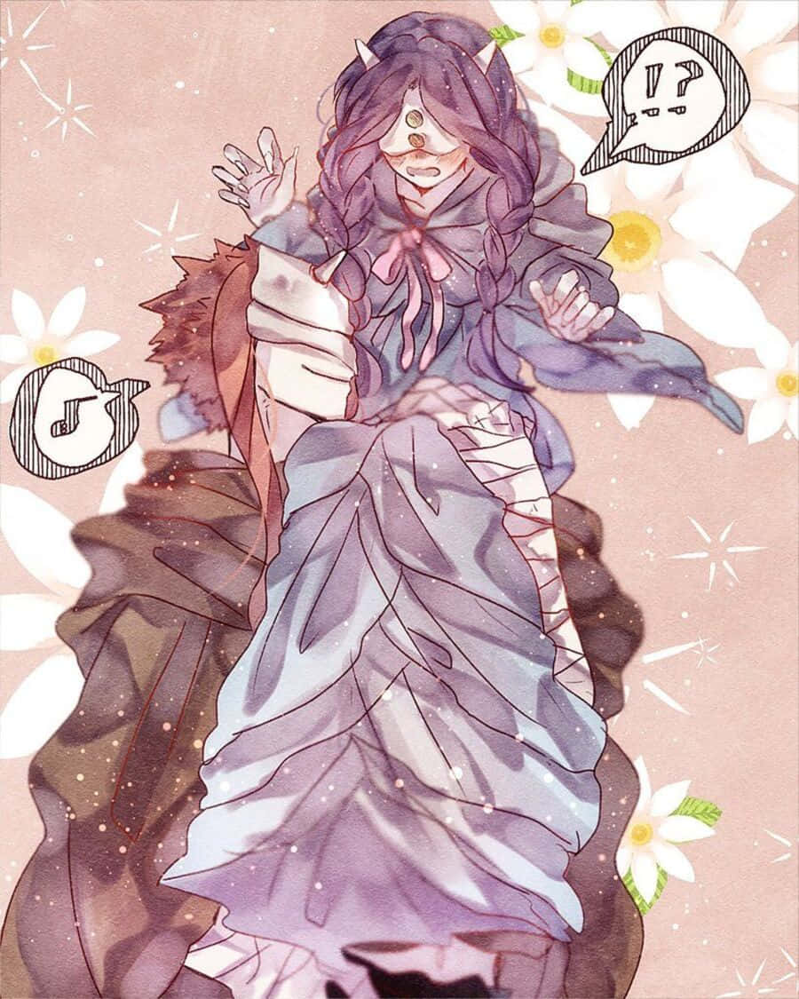 The Promised Neverland Sonju 桌布 壁紙 — 一個驚訝的動漫女孩，紫色頭髮和角，穿著飄逸的裙子，被白色花朵和閃光包圍。