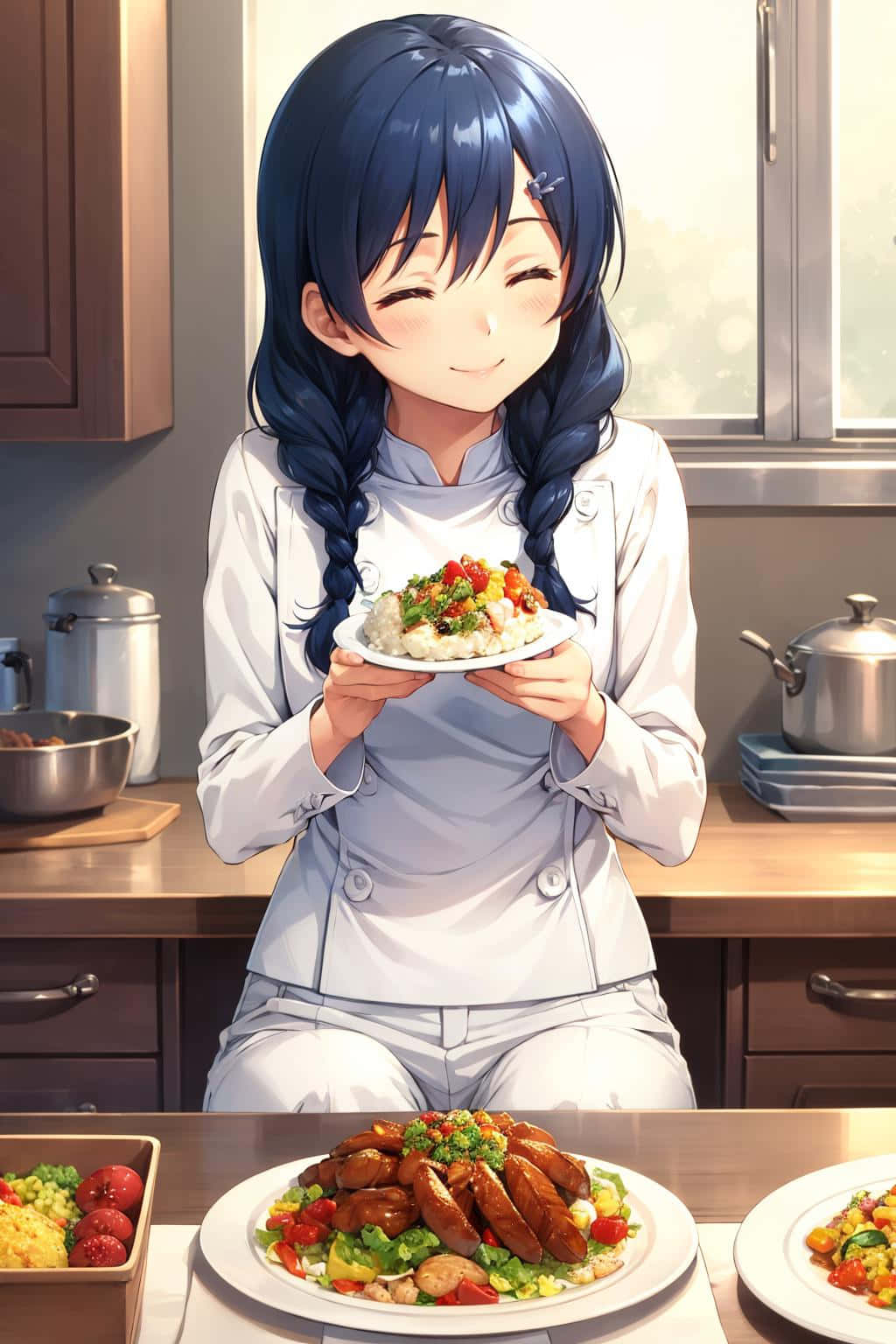  壁紙 — 一個開心的動畫女孩穿著廚師制服，在陽光充足的廚房裡自豪地展示一道色彩繽紛的菜餚。