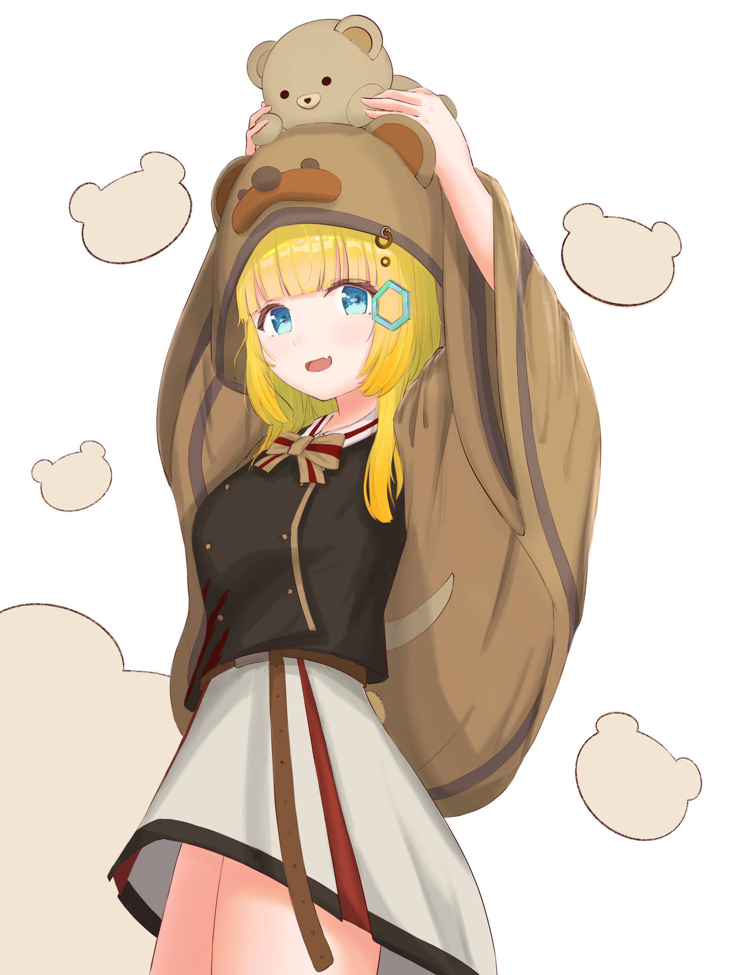 可愛動漫女孩與泰迪熊 壁紙 — 一個開心的動畫女孩，金髮，穿著棕色熊主題連帽衫，在純色背景上高舉一隻泰迪熊。