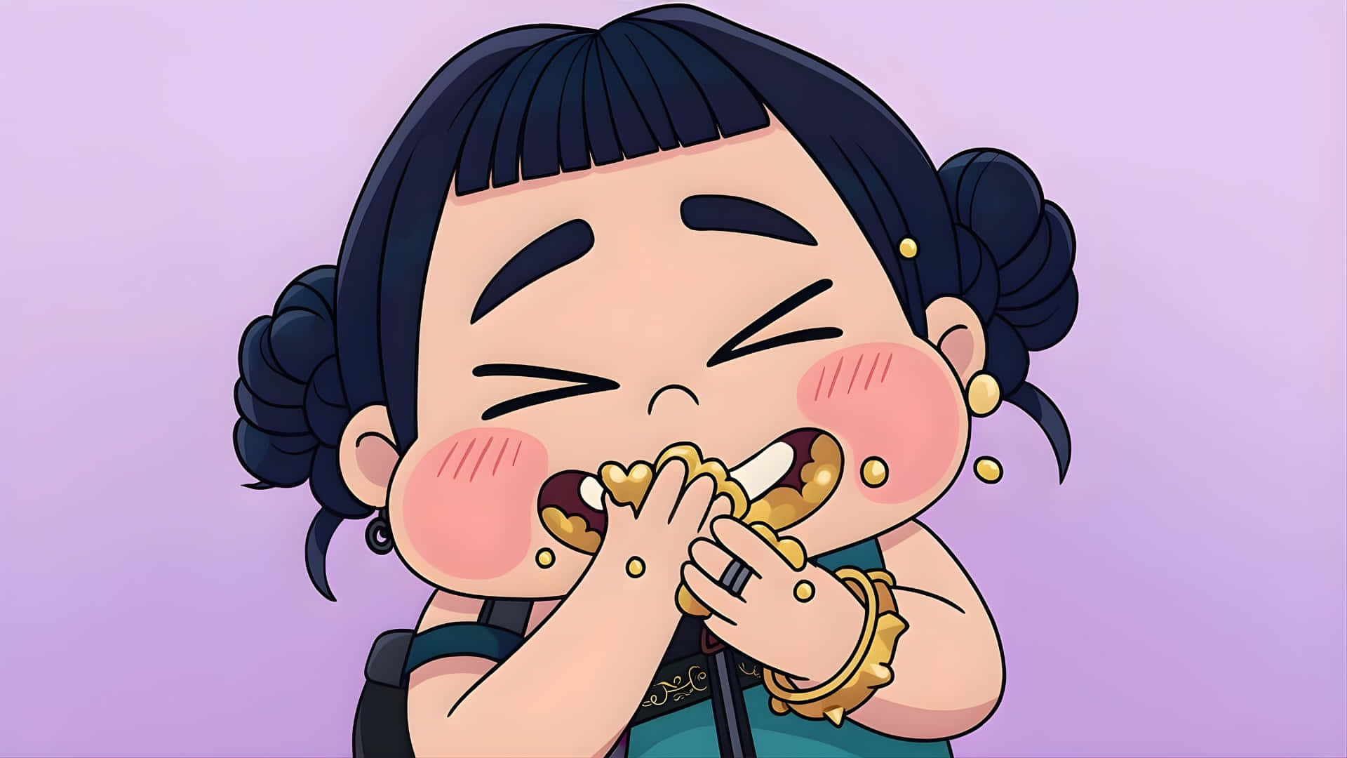  壁紙 — 一個開心的動畫女孩，深色頭髮紮成髮髻，快樂地吃著一個覆蓋著朱古力和金色糖粒的糕點。