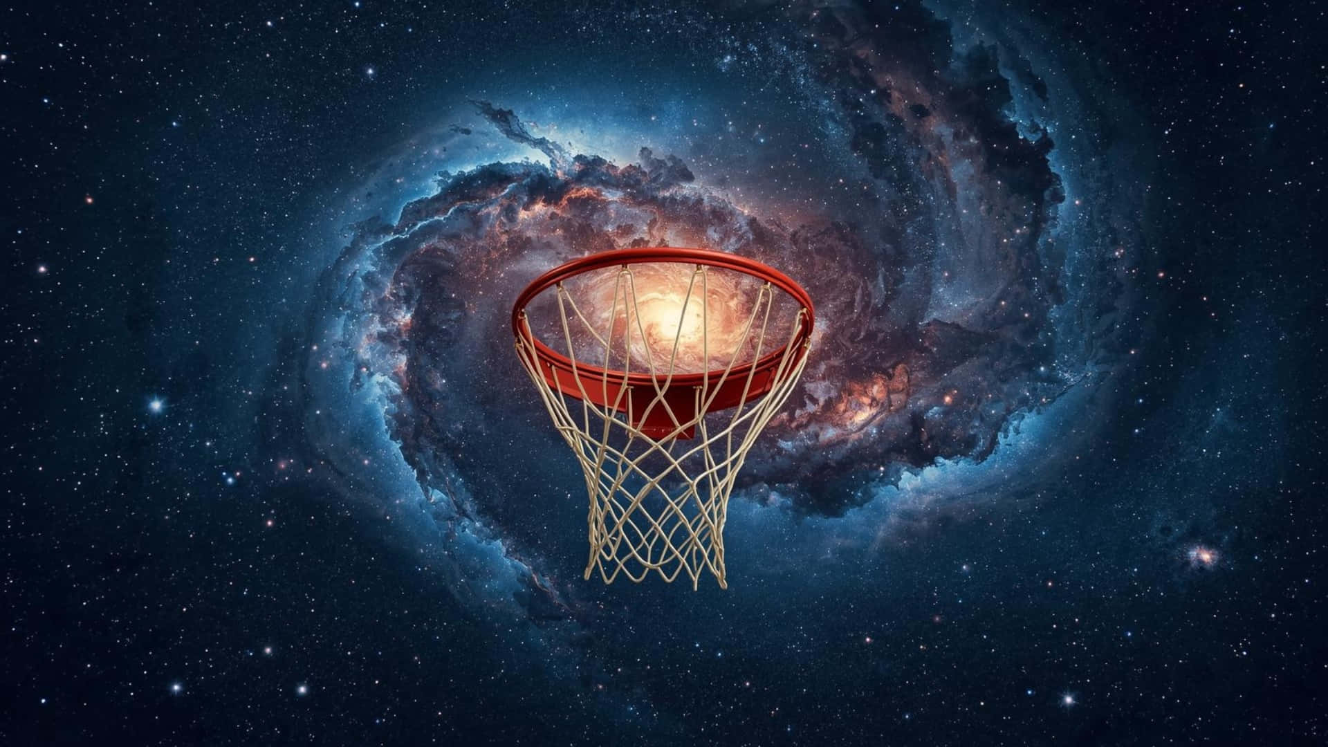  壁紙 — 一個籃球框漂浮在旋轉的宇宙星雲中心，散發著藍色和橙色的光芒。