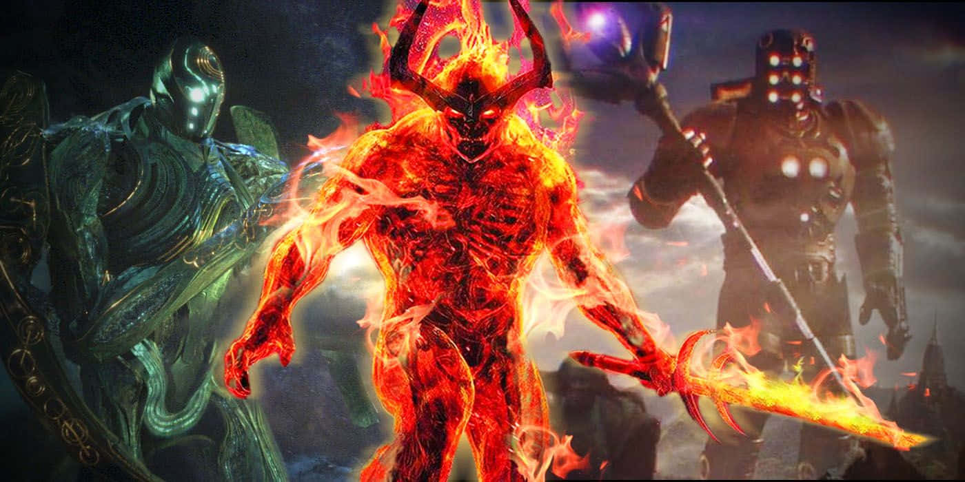  壁紙 — 一個燃燒的惡魔形象，擁有發光的紅色眼睛和角，在黑暗奇幻戰鬥場景中威脅地站在兩個裝甲戰士之間。