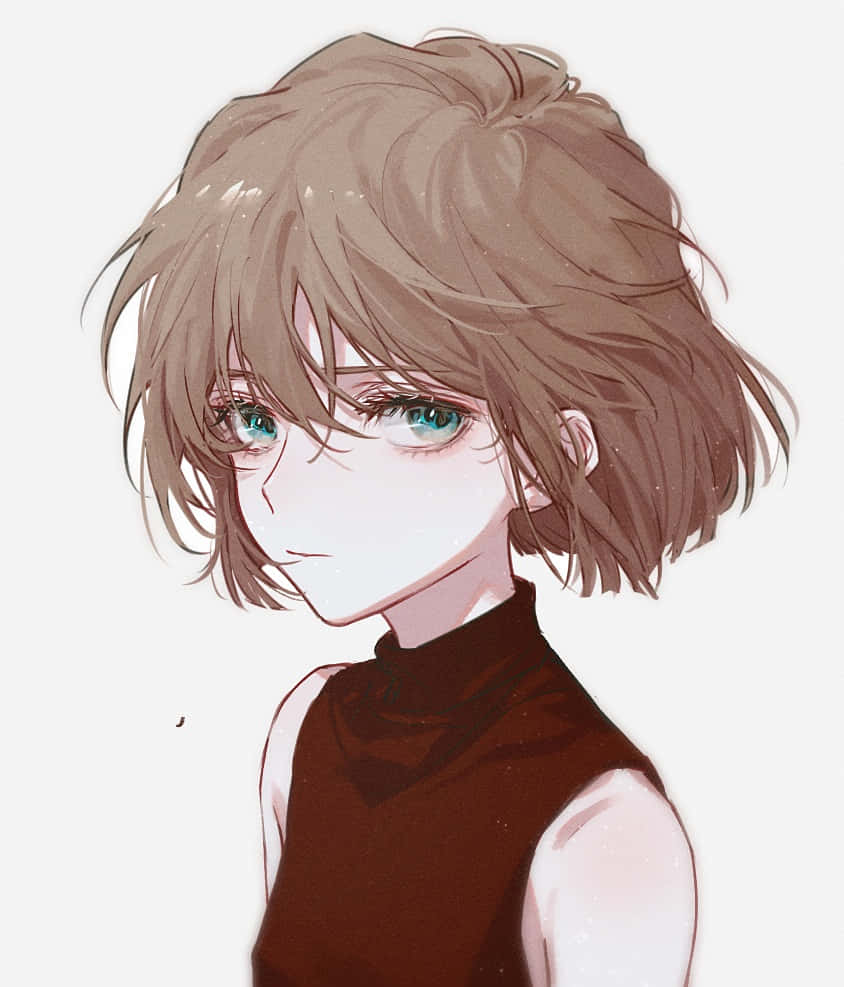 Haibara AI 桌布 壁紙 — 一個柔和動漫風格嘅肖像，描繪一個有亂糟糟棕色頭髮同搶眼藍色眼睛嘅年輕人，穿著深棕色無袖上衣。
