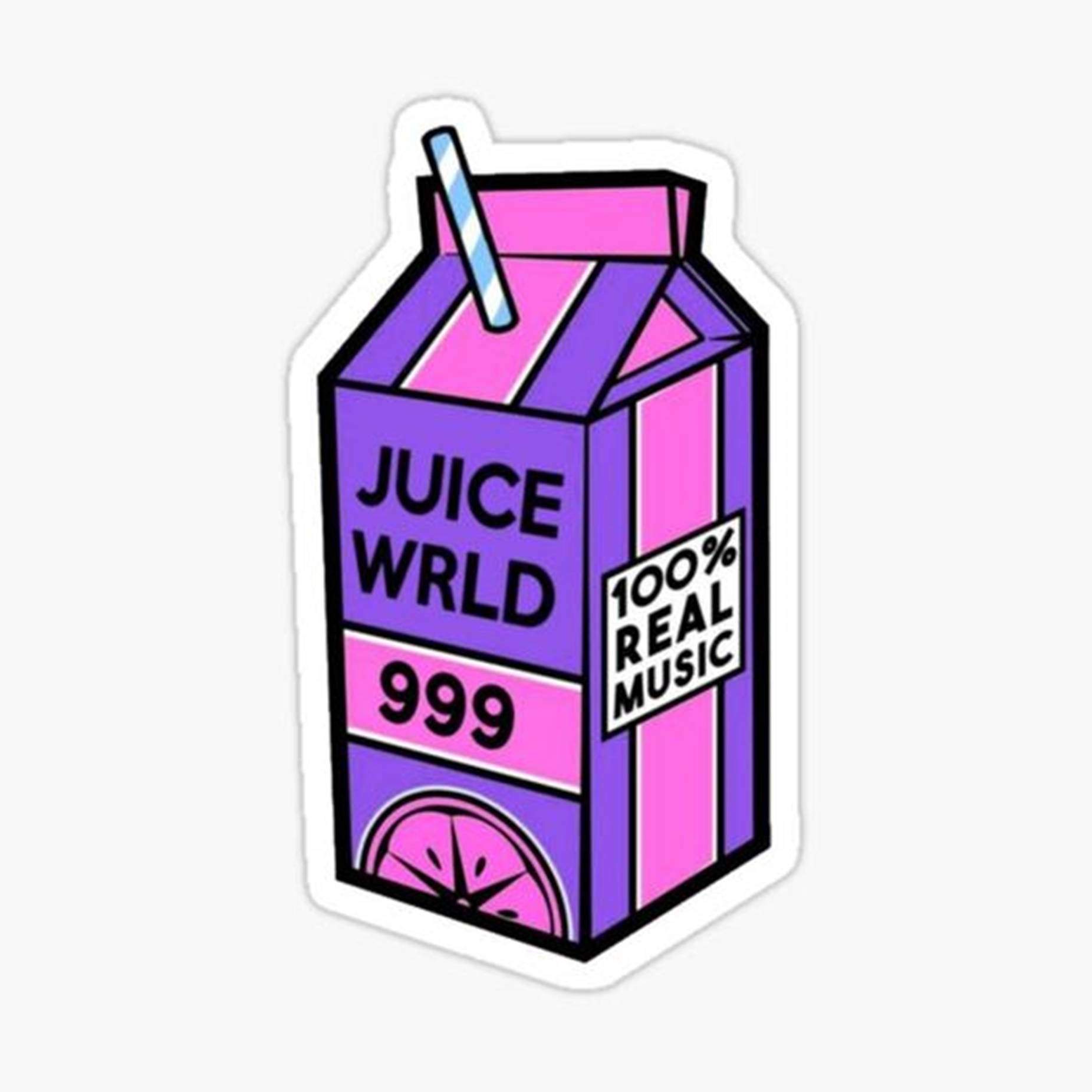 一個紫色和粉紅色的果汁盒貼紙，標有 Juice WRLD 999 和 100% Real Music。