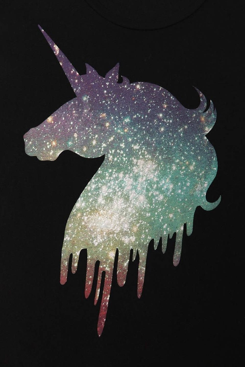 獨角獸頭部充滿星星和滴落的色彩，黑色背景